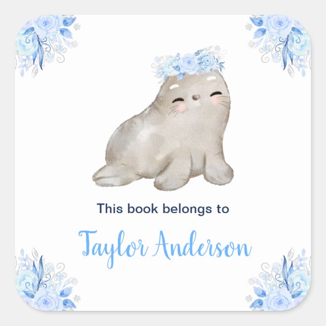 Winter Wonderland Arctic Seal Kids Bookplate Quadratischer Aufkleber (Vorderseite)