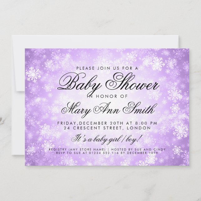 Winter Wonderland Baby Dusche Lila Einladung (Vorderseite)