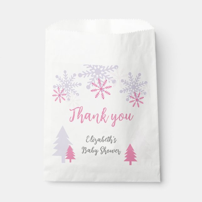 Winter Wonderland Baby Dusche Rosa Schneeflocken Geschenktütchen (Vorderseite)