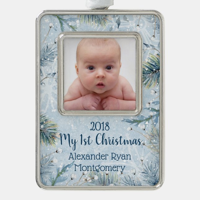 Winter Wonderland Baby First Christmas Foto Rahmen-Ornament Silber (Vorderseite)