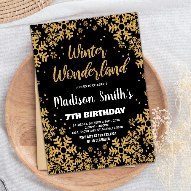 Winter Wonderland Birthday Einladungen Schwarzes G (Winter Wonderland Birthday Invitations Black Gold)