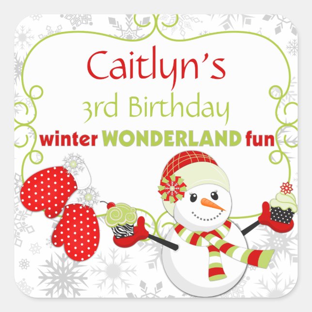 Winter Wonderland Birthday Snowman Mittens Quadratischer Aufkleber (Vorderseite)