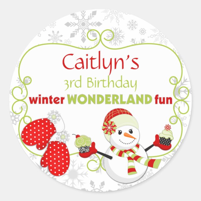 Winter Wonderland Birthday Snowman Mittens Runder Aufkleber (Vorderseite)