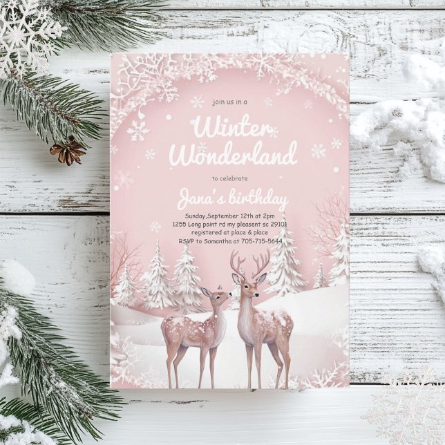 Winter Wonderland Birthday | Weichrosa und Hirsch Einladung (Von Creator hochgeladen)
