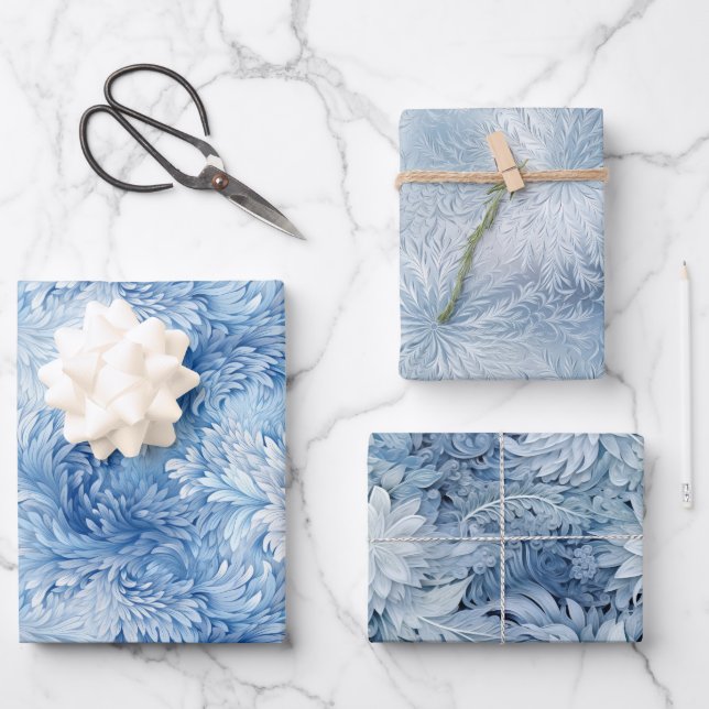Winter Wonderland Blau frostiges Muster Geschenkpapier Set (Vorderseite)