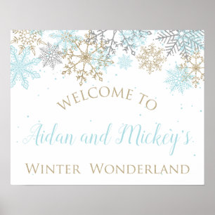 Winter Wonderland Blau und Gold Willkommensschild Poster