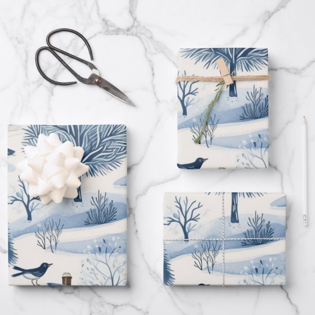 Winter Wonderland: Blauer und weißer Weihnachtsbau Geschenkpapier Set (Vorderseite)