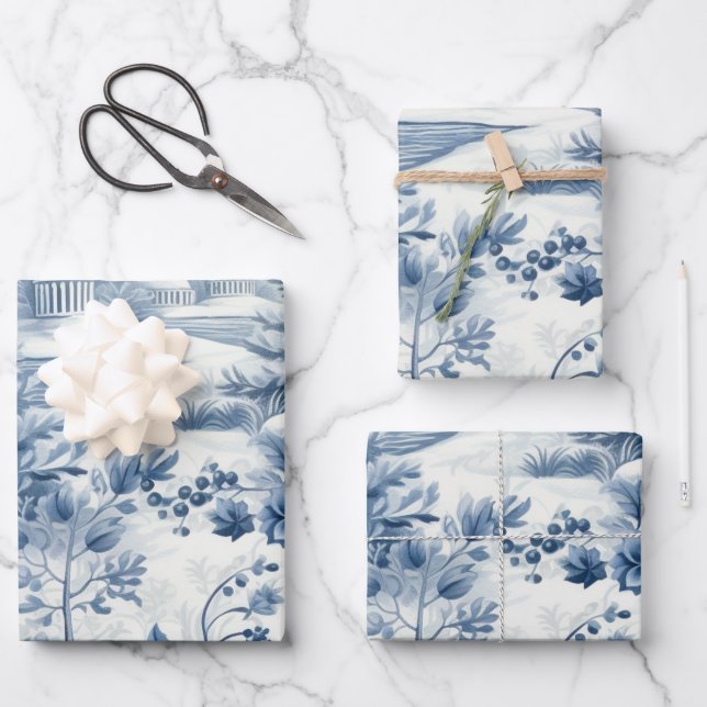 Winter Wonderland: Blauer und weißer Weihnachtsbau Geschenkpapier Set (Vorderseite)