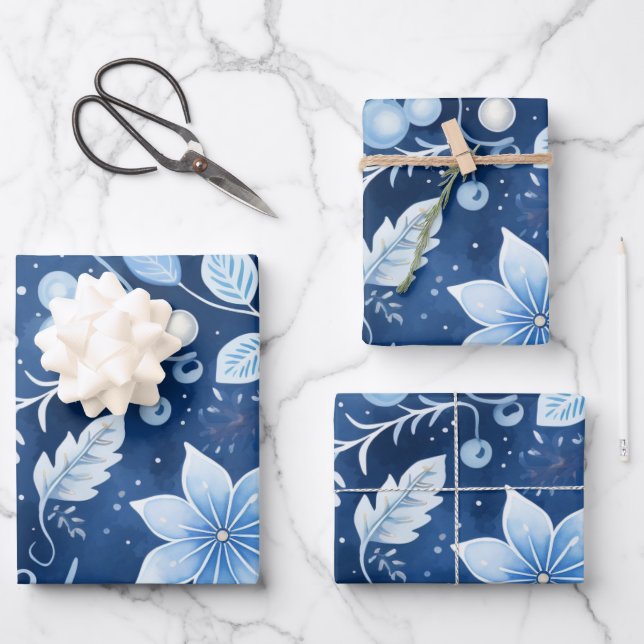 Winter Wonderland: Blauer und weißer Weihnachtsbau Geschenkpapier Set (Vorderseite)
