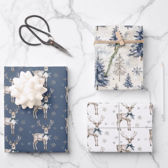 Winter Wonderland Blue Deer Snowflakes Christmas Geschenkpapier Set (Vorderseite)