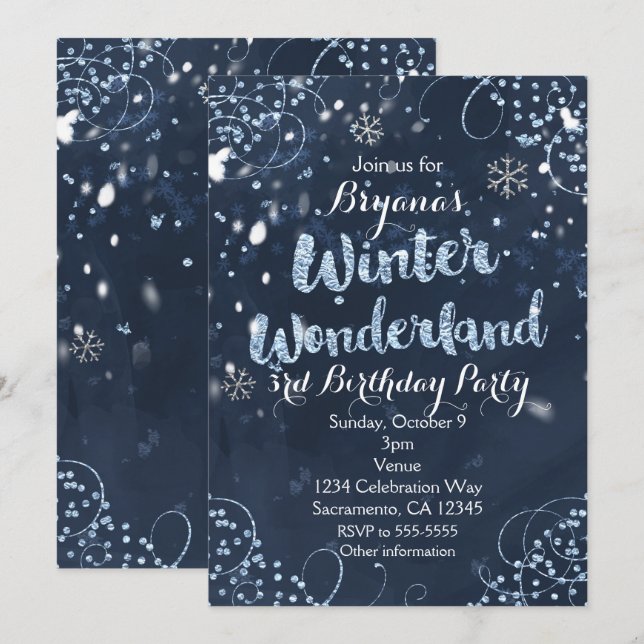 Winter Wonderland Blue Elegant Party Invitations (Devant / Derrière)