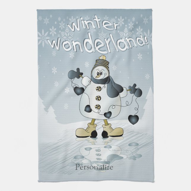 Winter Wonderland Blue Heart Snowmen Geschirrtuch (Vertikal)