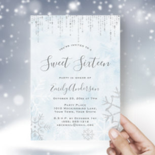 Winter Wonderland Blue Silver Snow Ice Sweet 16 Einladung