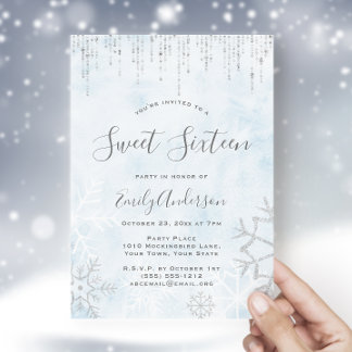 Winter Wonderland Blue Silver Snow Ice Sweet 16 Einladung