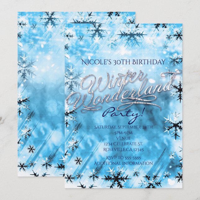 Winter Wonderland Blue Snowflakes Party Einladung (Vorne/Hinten)