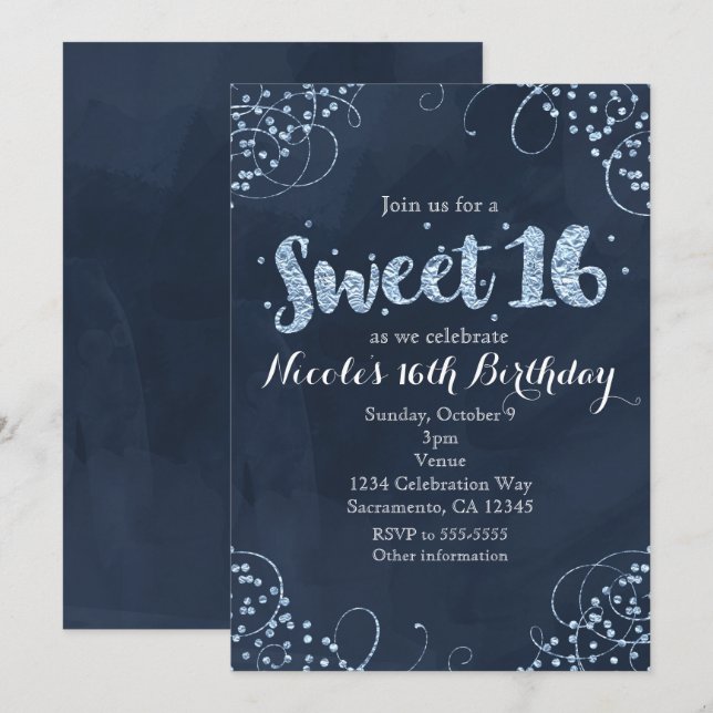 Winter Wonderland Blue Sweet 16 Invitations de fêt (Devant / Derrière)