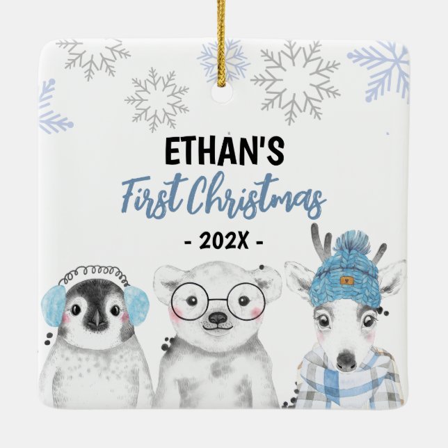 Winter Wonderland Boy Erste Weihnachtszeit Keramikornament (Rückseite)