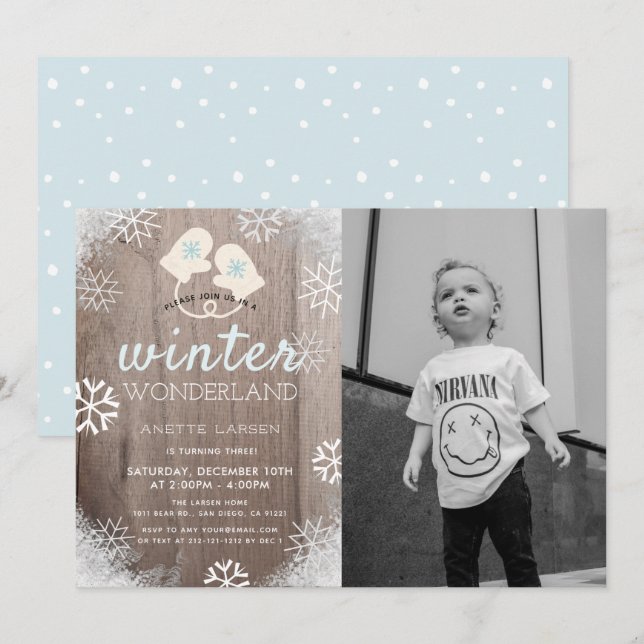 Winter Wonderland Boy Foto Geburtstag Einladung (Vorne/Hinten)