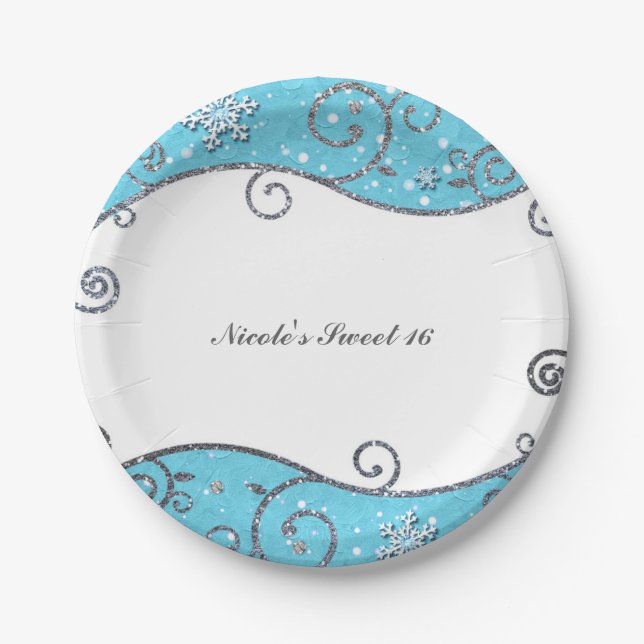 Winter Wonderland Bright Blue & Silver Wirbel Pappteller (Vorderseite)