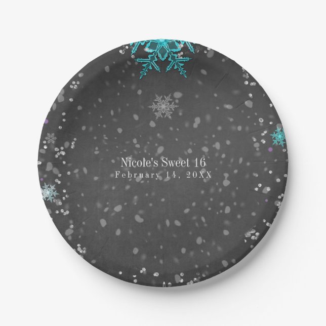 Winter Wonderland Chalk Aquamarin & Lila Party Pappteller (Vorderseite)