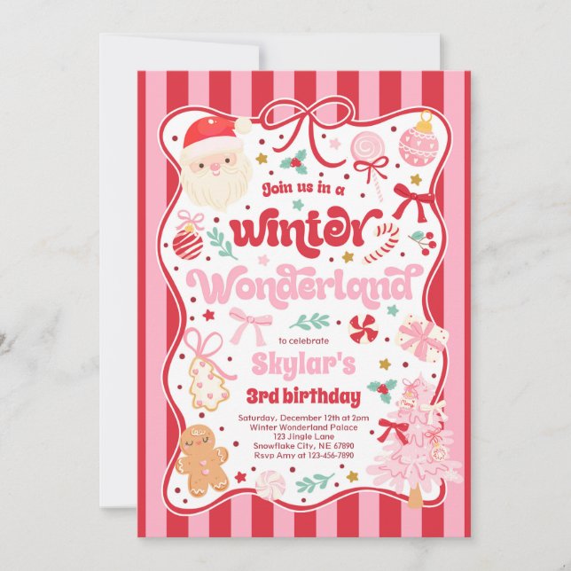 Winter Wonderland Christmas Coquette Bow Birthday Einladung (Vorderseite)