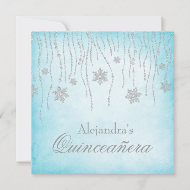 Winter Wonderland Diamond Schneeflocken Quinceaner Einladung (Vorderseite)