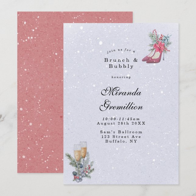 Winter Wonderland Dusty Blue Brunch und Bubbly Einladung (Vorne/Hinten)
