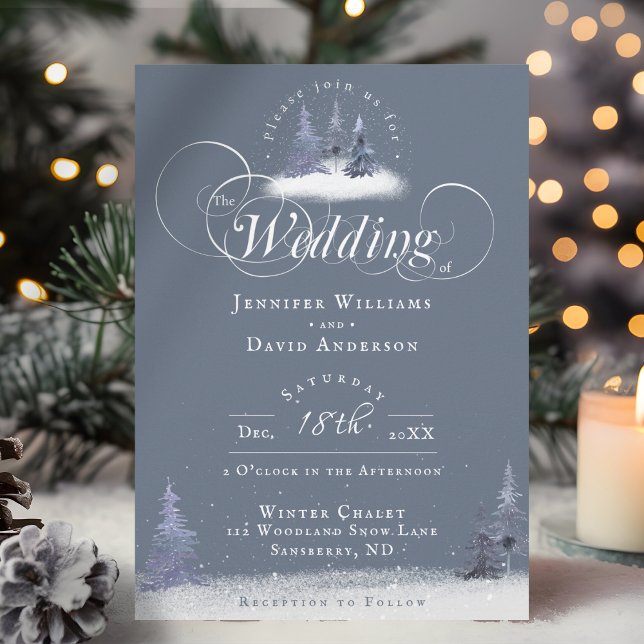 Winter Wonderland Dusty Blue Pine Snow Hochzeit Einladung (A winter wedding invitation with dusty blue and white watercolor pine trees and soft fallen snow.)