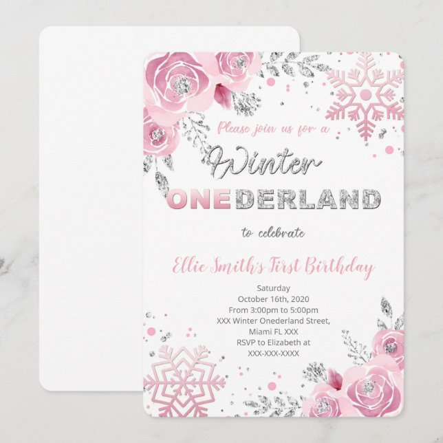 Winter Wonderland Einladung zum ersten Geburtstag (Vorne/Hinten)