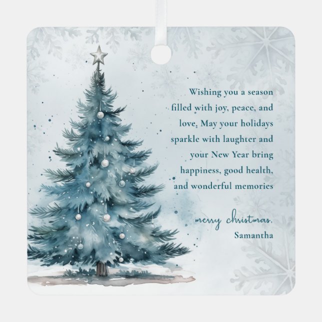 Winter Wonderland Elegant Blue Tree Christmas Ornament Aus Metall (Vorderseite)