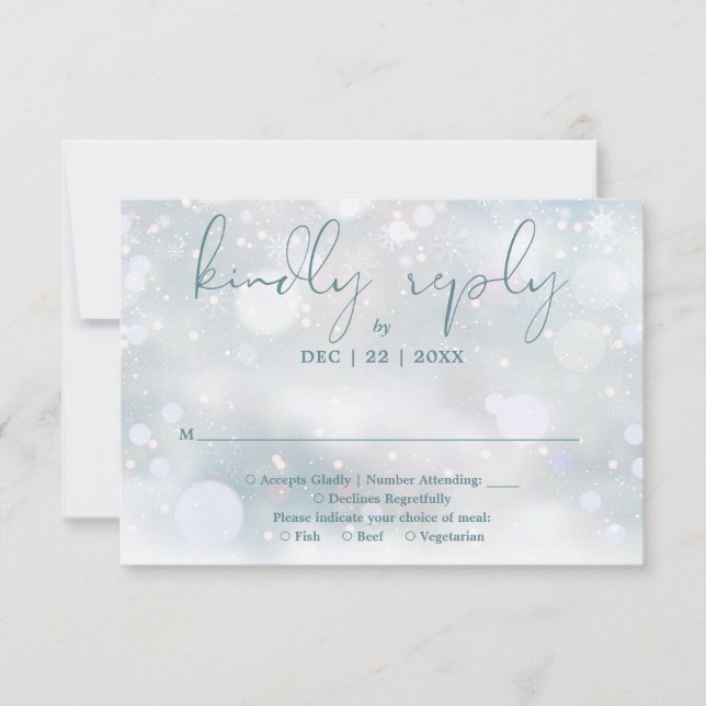 Winter Wonderland Elegante Script Snow Wedding RSVP Karte (Vorderseite)