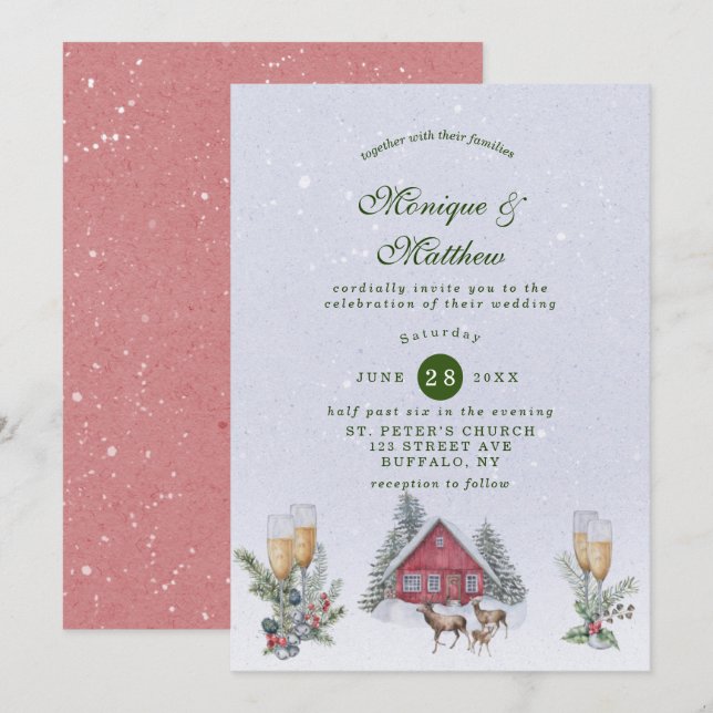 Winter Wonderland Farm House and Deer Wedding Einladung (Vorne/Hinten)