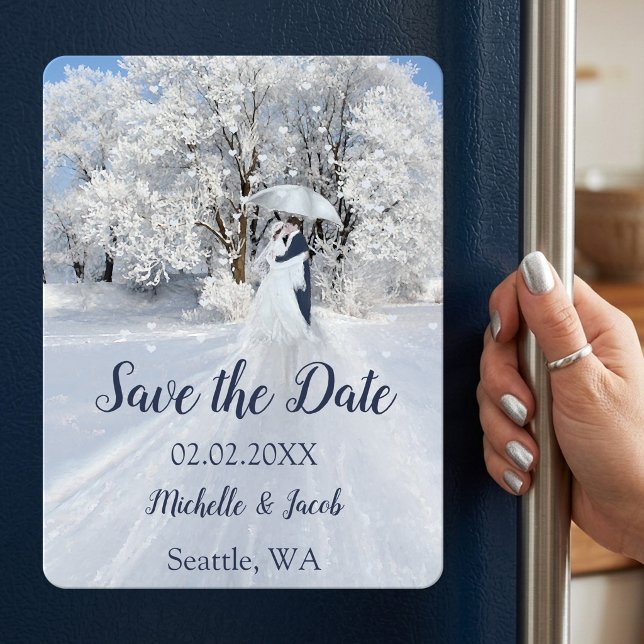 Winter Wonderland Fine Art Save the Date Magnet (Save the Date magnet featuring a fine art painting with a romantic couple in a winter wonderland)