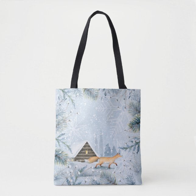 Winter Wonderland Fox Hütte Schnee Weihnachten Wei Tasche (Vorderseite)