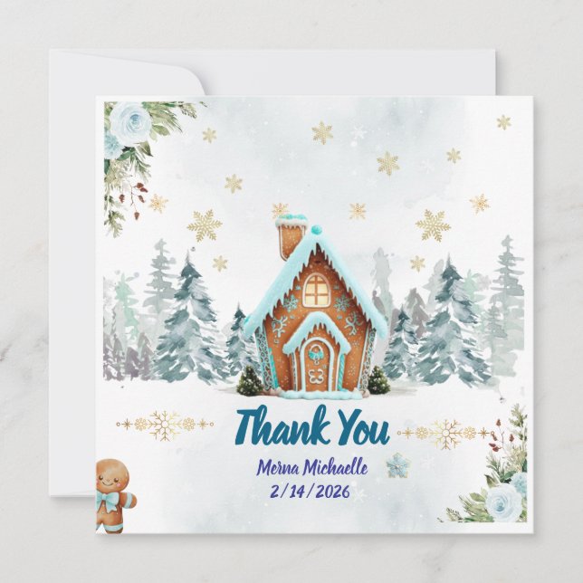 Winter wonderland Gingerbread Baby Shower Dankeskarte (Vorderseite)
