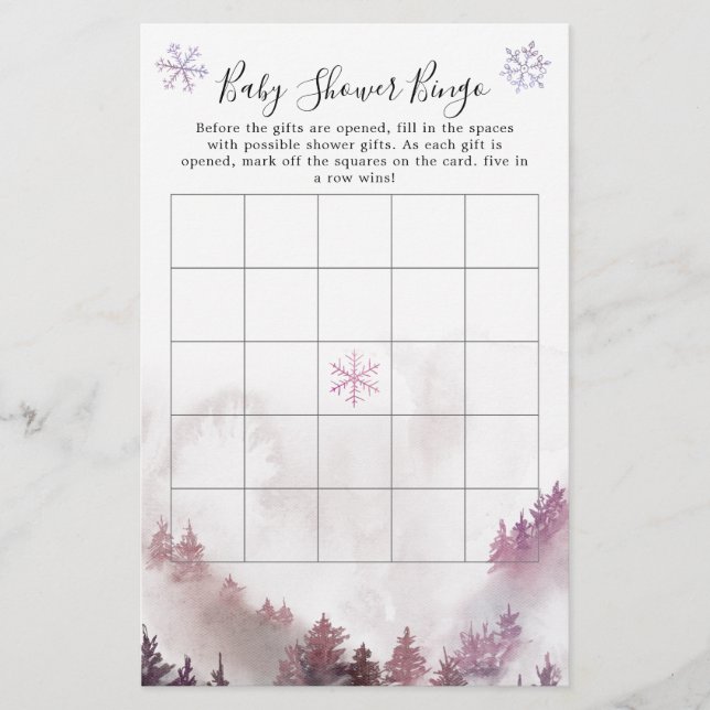 Winter Wonderland Girl Baby Dusche Bingo Spiel (Vorderseite)