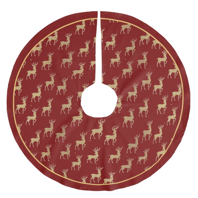 Winter Wonderland Gold Reindeer On Red Tree Skirt Polyester Weihnachtsbaumdecke (Vorderseite)