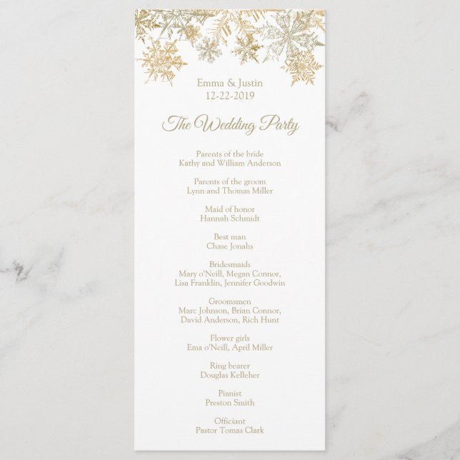 Winter Wonderland Gold Snowflakes Hochzeit Programm (Vorderseite)