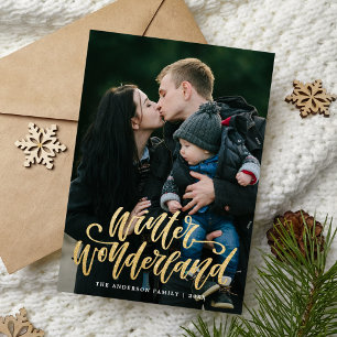 Winter Wonderland Hand Lettered Gold Script Foto Feiertagskarte