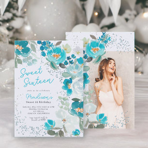 Winter Wonderland Ice blue Floral 16 . Geburtstag Einladung