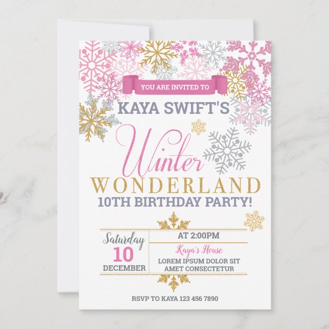 Winter Wonderland Invitation Anniversaire Pink & G (Devant)