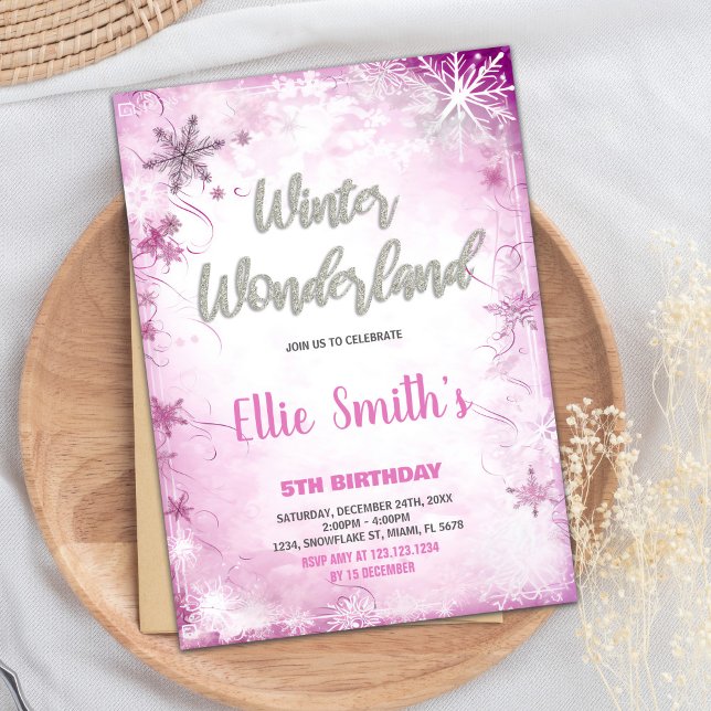 Winter Wonderland Invitations Anniversaire Pink Si (Winter ONEderland Birthday Invitations Pink Silver)