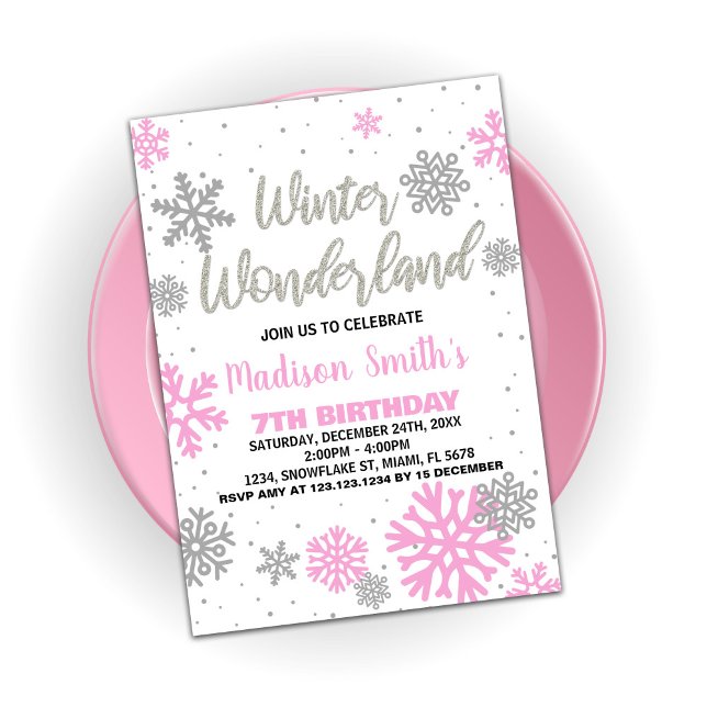 Winter Wonderland Invitations Anniversaire Rose Bl (Winter Wonderland Birthday Invitations Pink White)
