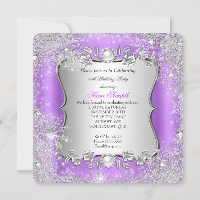 Winter Wonderland Lila Silver Snowflake Party Einladung (Vorderseite)