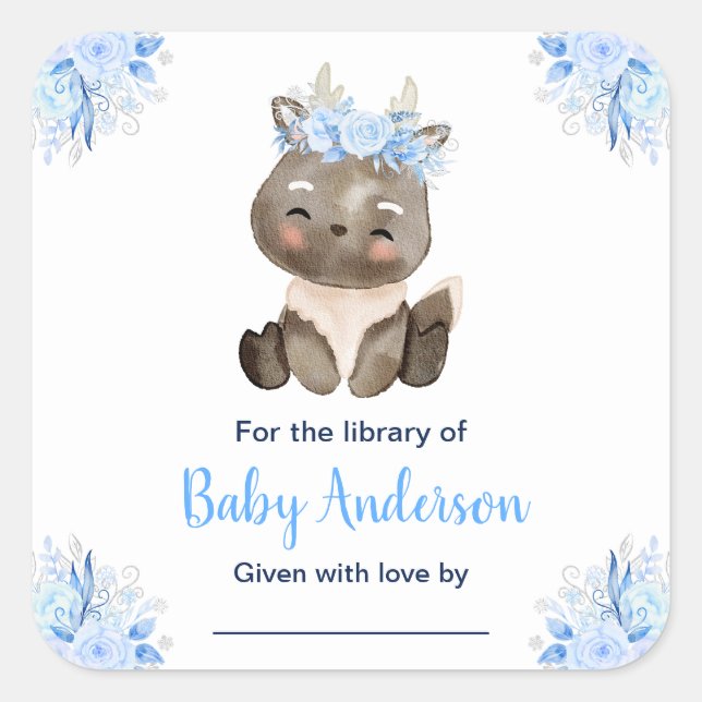 Winter Wonderland Moose Baby Shower Bookplate Quadratischer Aufkleber (Vorderseite)