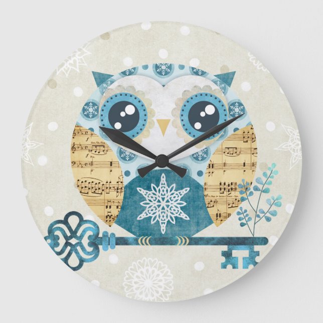 Winter Wonderland Owl Große Wanduhr (Vorderseite)