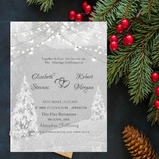Winter Wonderland, Pine Tree Gray Wedding Einladung (Von Creator hochgeladen)