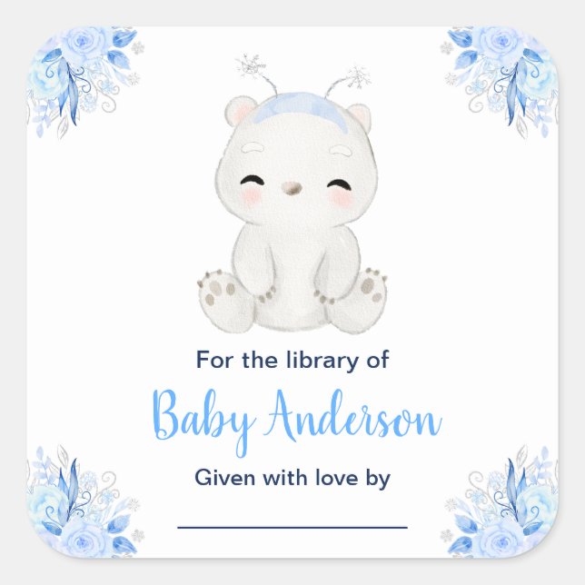 Winter Wonderland Polar Bear Baby Dusche Buchzeich Quadratischer Aufkleber (Vorderseite)