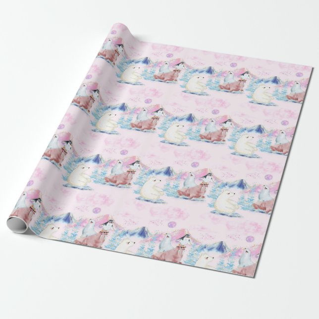 Winter Wonderland Polarbären und Pinguine Szene Geschenkpapier (Ungerollt)