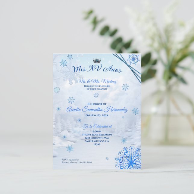 Winter Wonderland Quinceañera Einladung Postkarte (Stehend Vorderseite)